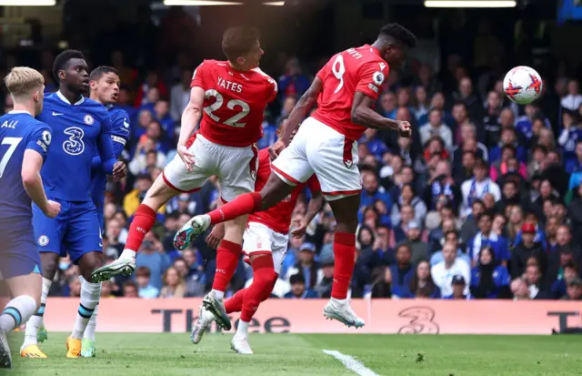 Taiwo Awoniyi of Nottingham Forest scores their teams second goal against Chelsea