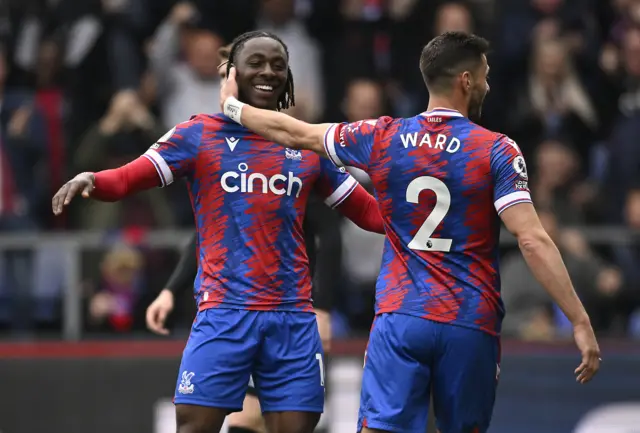 Crystal Palace's Eberechi Eze celebrates scoring their first goal with Joel Ward