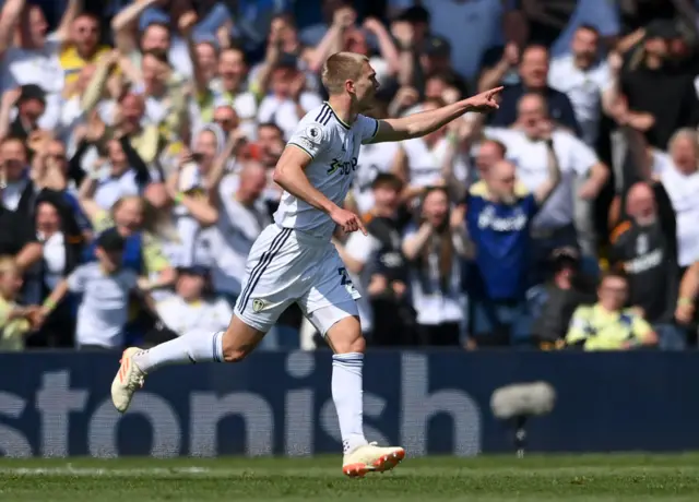 Kristensen celebrates scoring a crucial equaliser for Leeds.