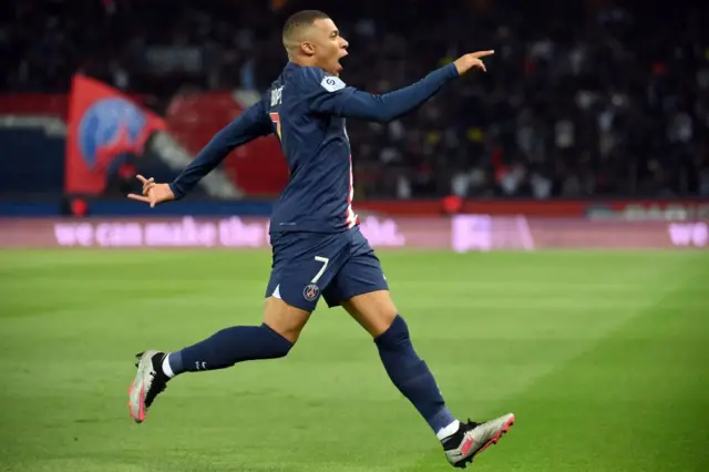 Mbappe celebrates scoring his second vs Ajaccio.