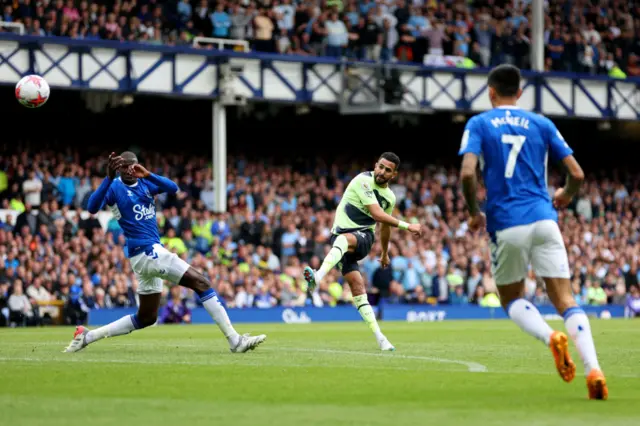 Riyad Mahrez of Manchester City shoots over the goal against Everton