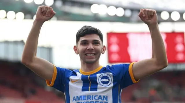 Brighton's Julio Enciso celebrates after the team's 3-0 win at Brighton