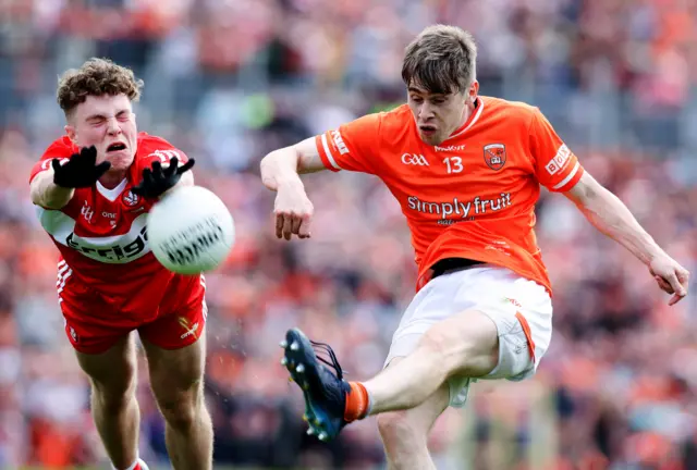 A superb block from Derry's Eoghan McEvoy to deny Armagh forward Andrew Murnin