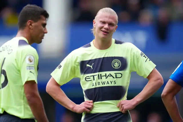 Erling Haaland playing for Manchester City against Everton