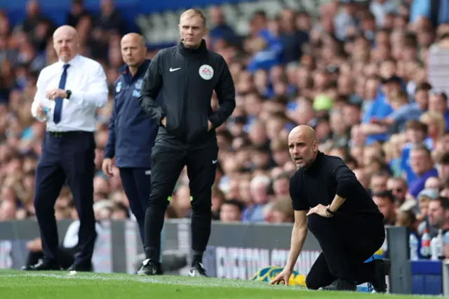 Everton manager Sean Dyche and Manchester City boss Pep Guardiola on the touchline for their teams' game at Goodison Park in May 2023