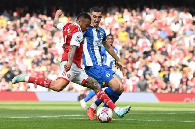 Gabriel Jesus shoots at goal during Arsenal's game against Brighton