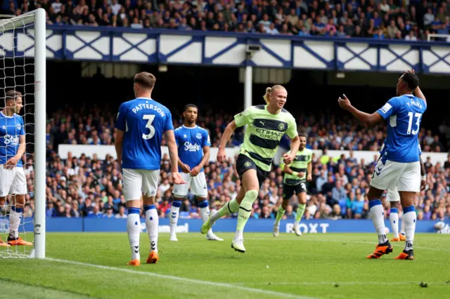 Erling Haaland celebrates scoring against Everton