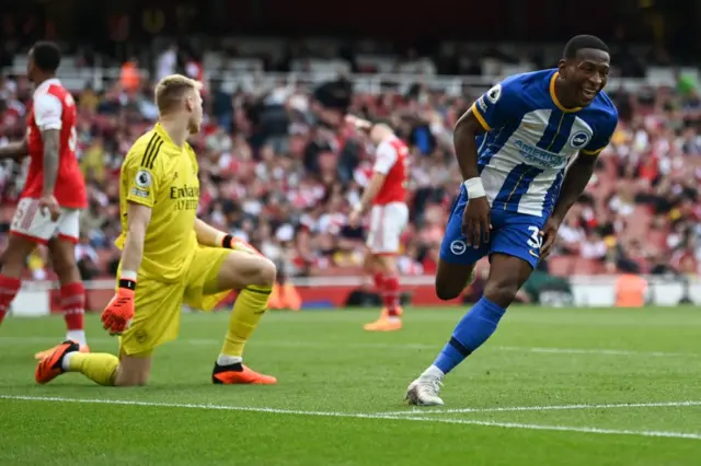 Brighton's Pervis Estupinan celebrates after scoring against Arsenal