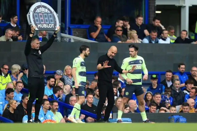 Pep Guardiola preparing to bring on Bernardo Silva and Jack Grealish for Manchester City against Everton