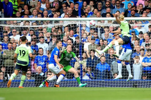 Erling Haaland scores against Everton