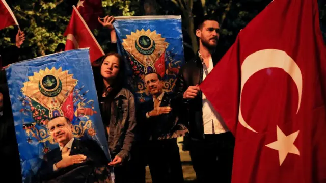 Supporters of Turkish President Recep Tayyip Erdogan and the AK Party (AKP) wait for election results in Istanbul, Turkey, on 14 May 2023