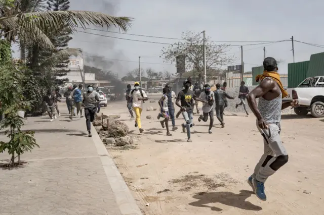 A group of demonstrators gathered in and around Sonko's neighborhood to protest the decision of sentence of imprisonment of Ousmane Sonko, on March 30, 2023 in Dakar, Senegal.