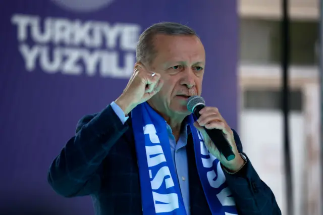 President Recep Tayyip Erdogan speaks at his final election campaign rally in Beyoglu the district of his childhood on May 13, 2023 in Istanbul, Turkey