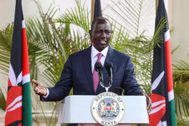 Kenya's President William Ruto speaks during a joint press conference after holding bilateral talks with visiting German Chancellor Olaf Scholz (not pictured) at the Statehouse in Nairobi, Kenya, 05 May 2023.