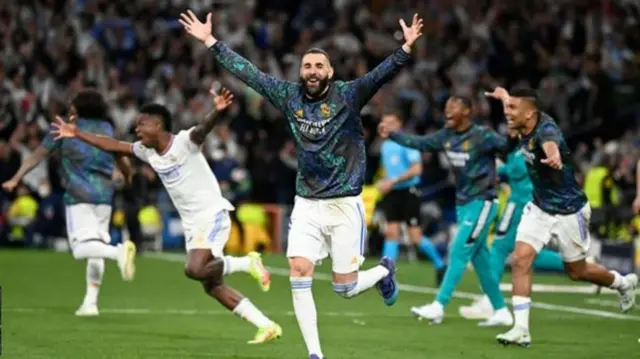 Real Madrid celebrate beating Man City in the semi-final's of the 2021-22 Champions League