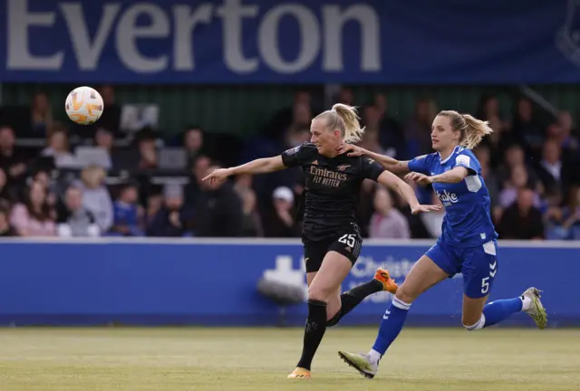 Arsenal's Stina Blackstenius in action with Everton's Nathalie Bjorn