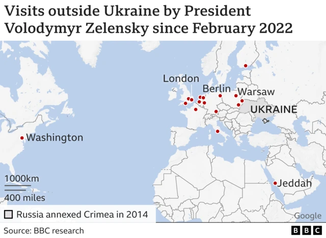 Travel Ukraine President Volodymyr Zelensky has undertaken since Russia's invasion in February 2022