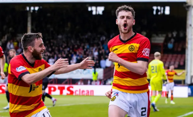 Jack McMillan celebrates after putting Thistle one up