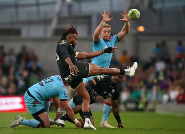 RC Toulon's Waisea Vuidravuwalu performs a box-kick during the ECPR Challenge Cup final at Aviva Stadium, Dublin