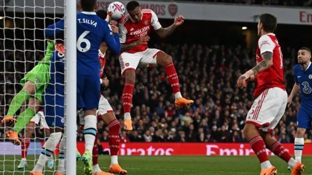 Gabriel has a header at goal