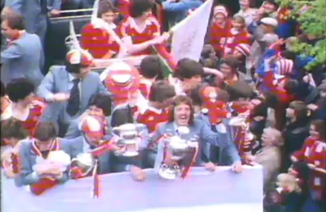 Bobby Shinton and team-mates celebrate on Wrexham's open top bus parade in May 1978