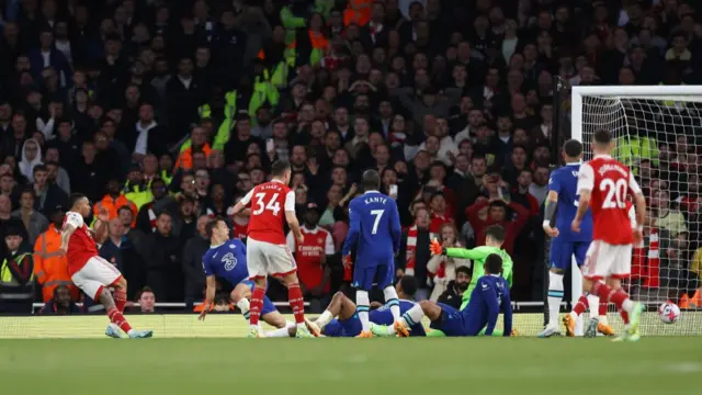 Arsenal's Gabriel Jesus scores a third goal for the home side