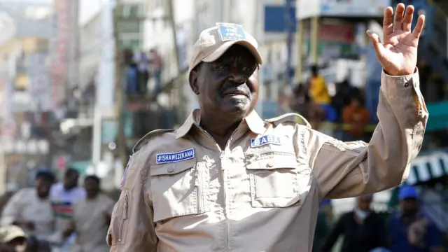 Kenya's opposition leader Raila Odinga of the Azimio La Umoja (Declaration of Unity) One Kenya Alliance, waves to his supporters as he participates in a nationwide protest over cost of living and President William Ruto's government in downtown Nairobi, Kenya March 20, 2023