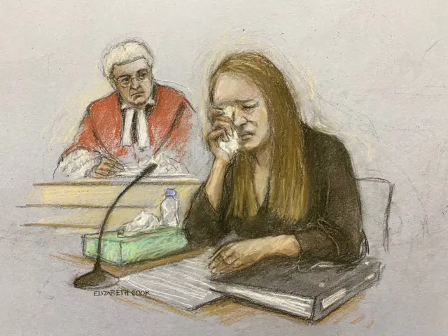 A sketch shows Lucy Letby crying in front of the judge