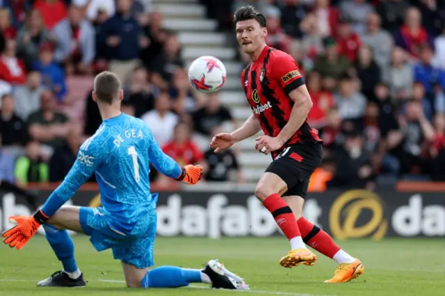 David de Gea blocks a shot on goal by Kieffer Moore