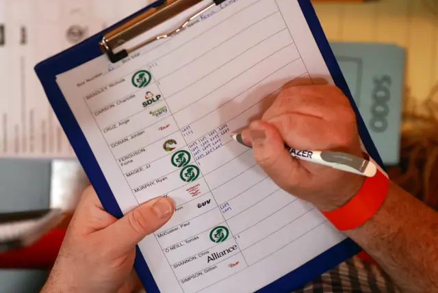 A party official tallies votes at the Belfast City Council election count