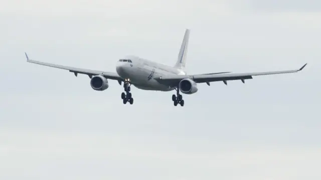 A view of the plane carrying Ukrainian President Volodymyr Zelensky arriving at the Hiroshima airport