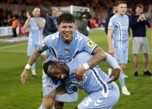 Coventry City's Gustavo Hamer and Fankaty Dabo celebrate getting to the play-off final