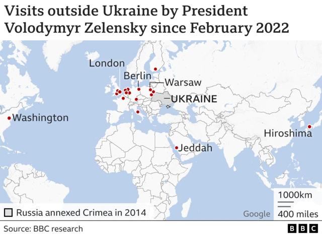 Map showing Zelensky travels