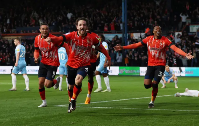 Luton Town's Tom Lockyer celebrates scoring against Sunderland