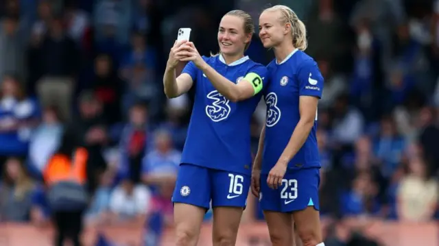 Pernille Harder and Magda Eriksson take one last selfie ar Kingsmeadow.