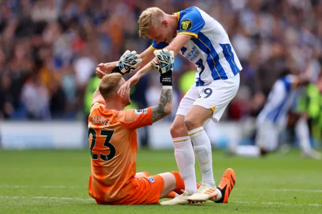 Jan Paul van Hecke celebrates with teammate Jason Steele