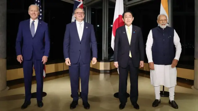 Joe Biden, Antony Albanese, Fumio Kishida and narendra Modi post for a photo during a Quad meeting on the sidelines of the G7 Summit in Hiroshima