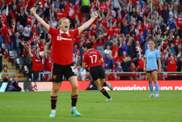 Manchester United's Lucia Garcia celebrates scoring their second goal - an injury time winner against Manchester City