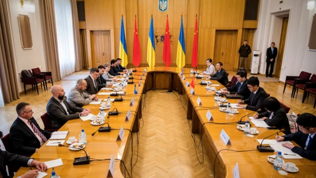 Ukraine's Foreign Minister Dmytro Kuleba and his teams hold talks around a long circular table with China's Ukraine envoy Li Hui and staff in Kyiv on 16 May