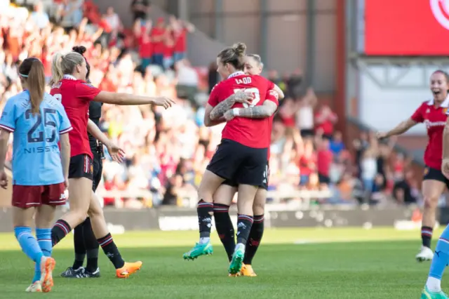 Hayley Ladd #12 of Manchester United celebrates her goal during the Barclays FA Women's Super League match between Manchester United and Manchester City at Leigh Sport Stadium, Leigh on Sunday 21st May 2023