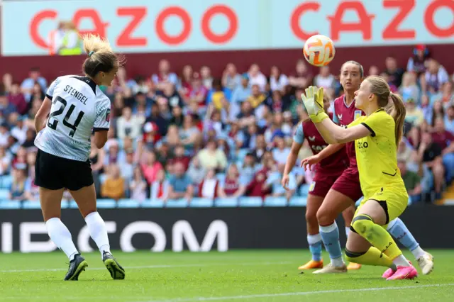 Liverpool's Katie Stengel scores against Aston Villa at Villa Park in the WSL