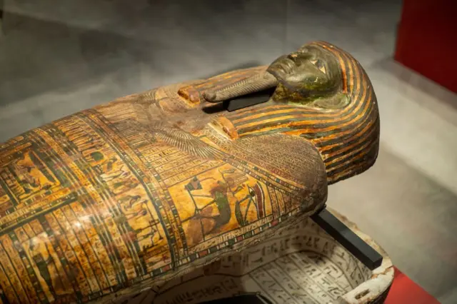 Sarcophagi of the exhibition 'Mummies of Egypt. Rediscovering six lives'. On May 4, 2023, in Seville (Andalusia, Spain)