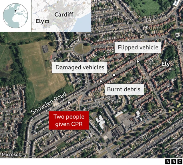 Map showing location of riot activity in Cardiff