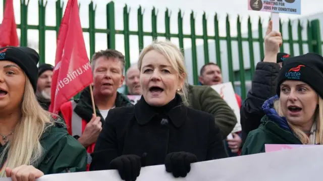 Unite union general secretary Sharon Graham (centre), joins workers on the picket line on Wednesday December 21, 2022