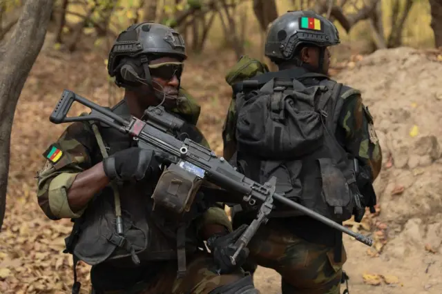 Cameroonian soldiers take part in a counter-terrorism training session during the Flintlock 2023 military training