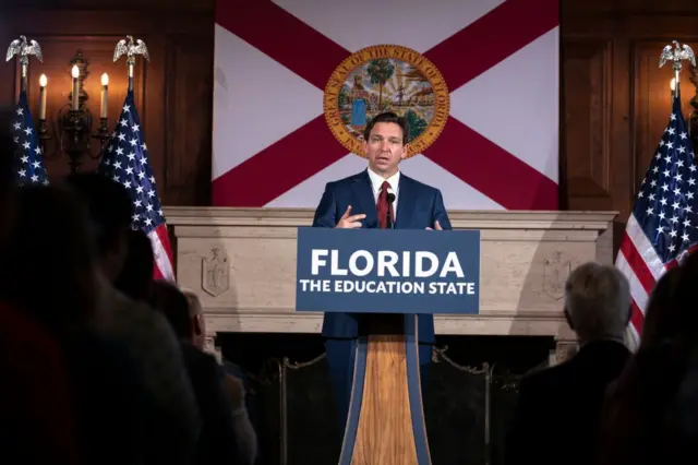 Ron DeSantis speaks after signing three education bills on the campus of New College of Florida in Sarasota