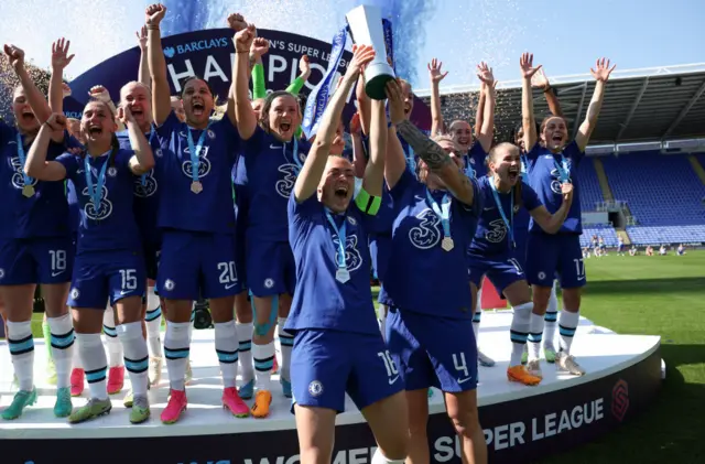 Chelsea players celebrate winning the Women's Super League 2022-23