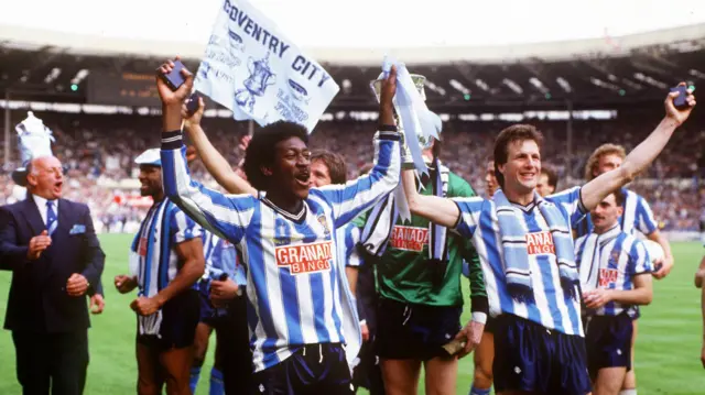 Coventry parade the FA Cup at Wembley in 1987 with Dave Bennett and Keith Houchen