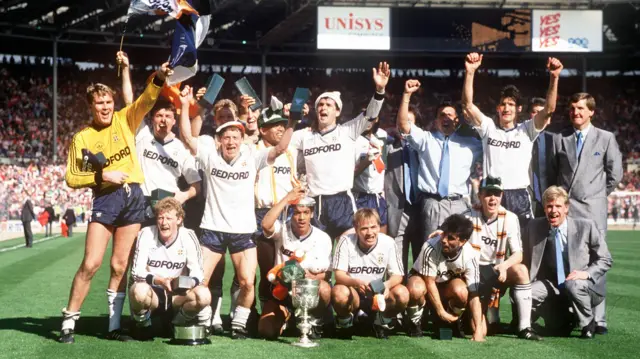 Luton's class of 1988 pose with the Littlewoods Cup after beating Arsenal