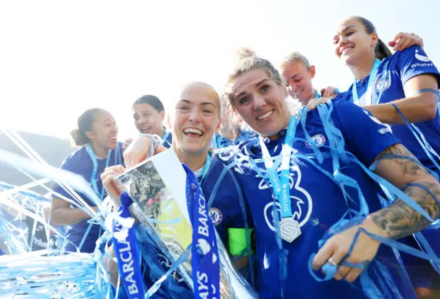 Magdalena Eriksson and Millie Bright of Chelsea lift the Barclays Women's Super League trophy after the team's victory during the FA Women's Super League match between Reading and Chelsea at Select Car Leasing Stadium on May 27, 2023 in Reading, England